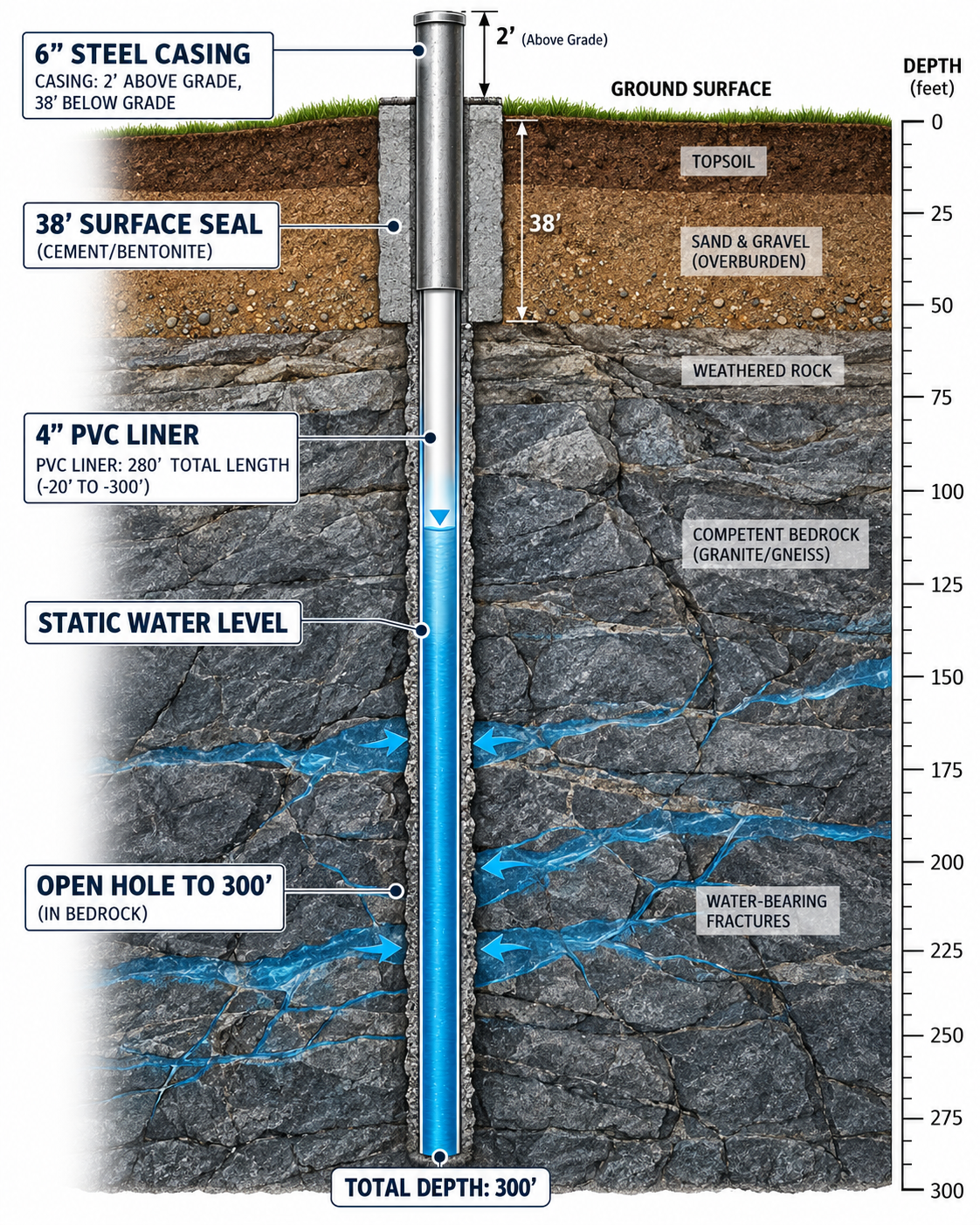 Cross-section of a drilled water well: 6-inch steel casing 2 feet above grade and 38 feet below, cement/bentonite surface seal, 4-inch PVC liner, static water level, open hole in bedrock to 300 feet, and water-bearing fractures, with a depth scale in feet.
