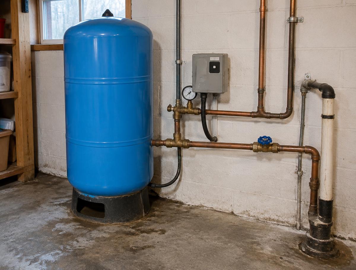 Technician servicing a well pump and pressure tank