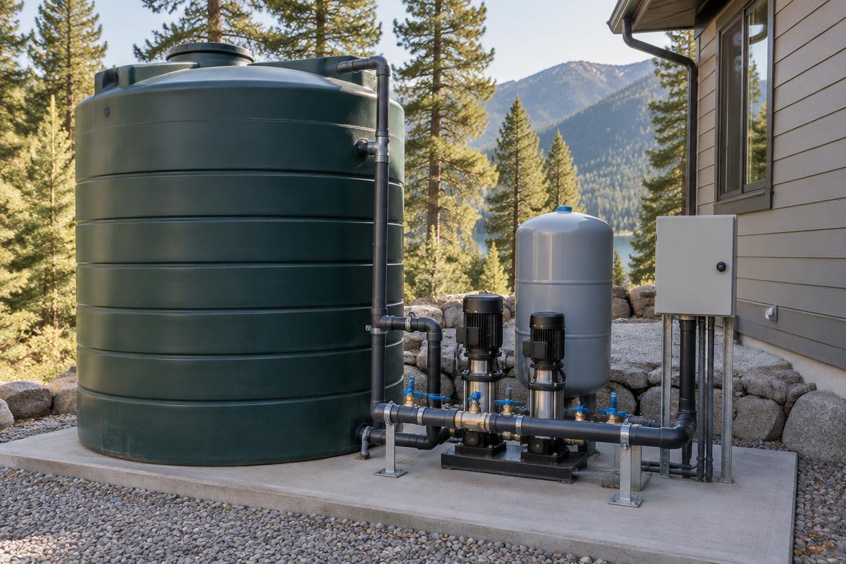 Water storage tank and booster pressure system at a rural home