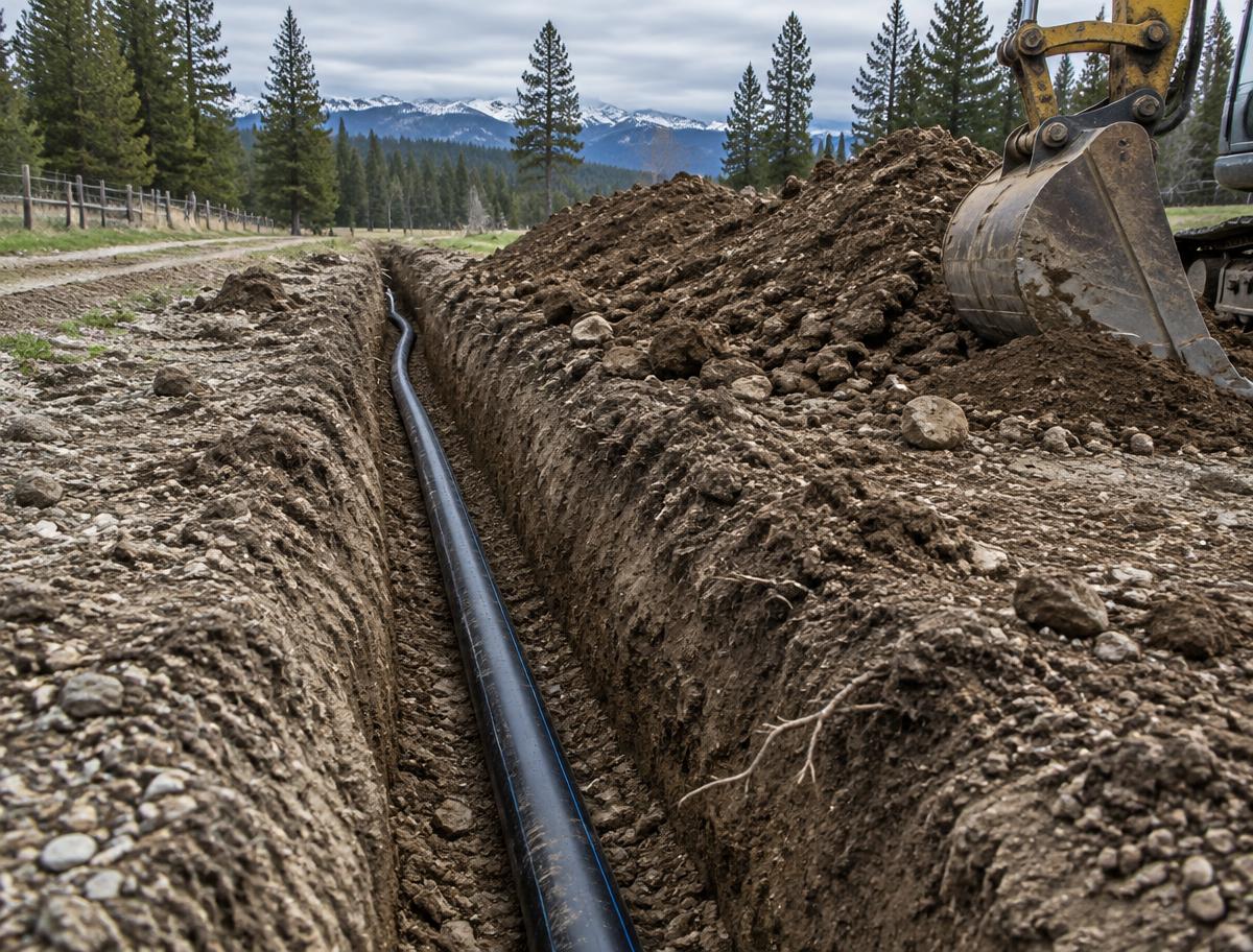 Excavator trenching a new water line across a property
