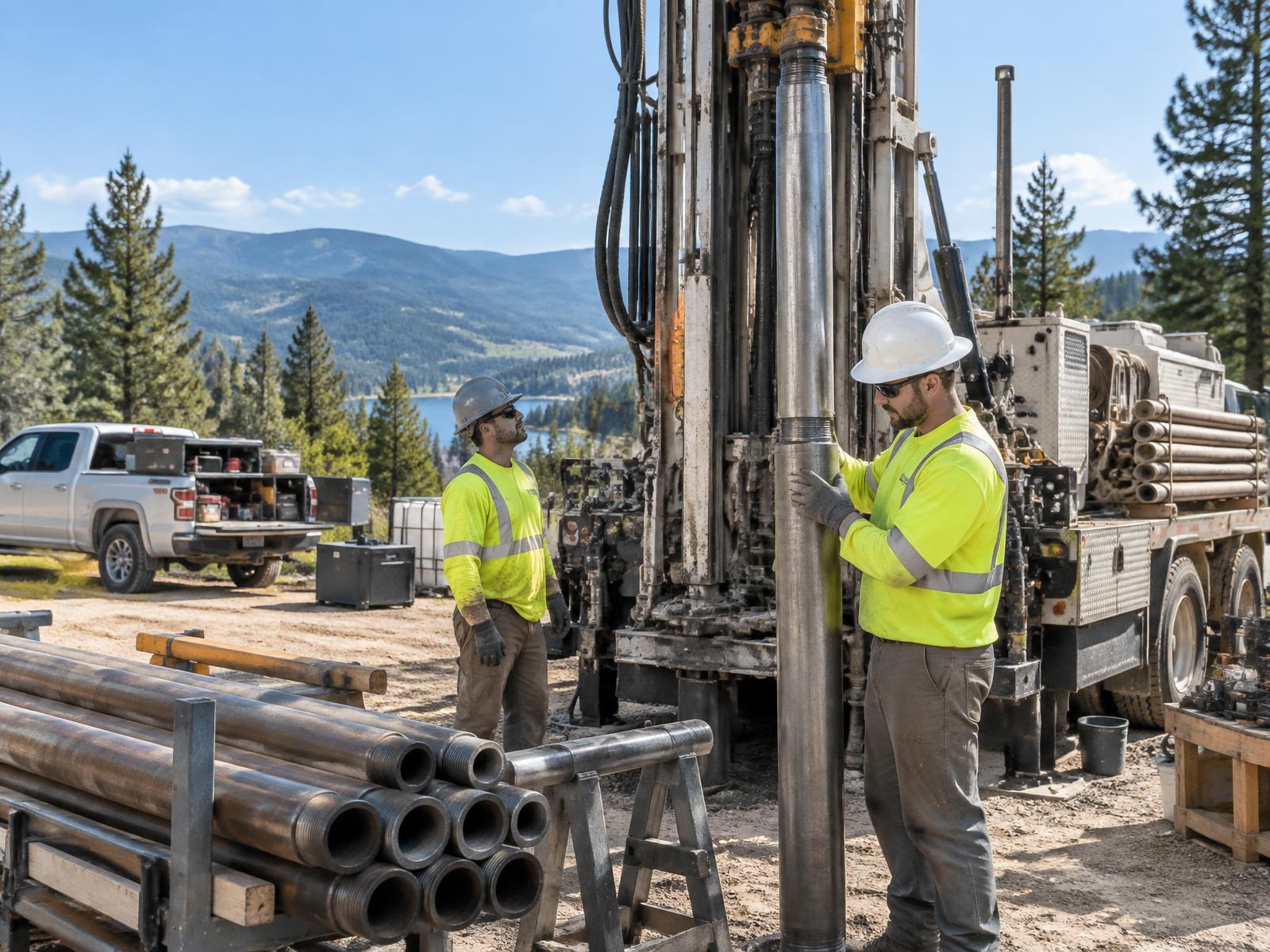 Well Worx crew drilling a new water well on a rural North Idaho property at sunset
